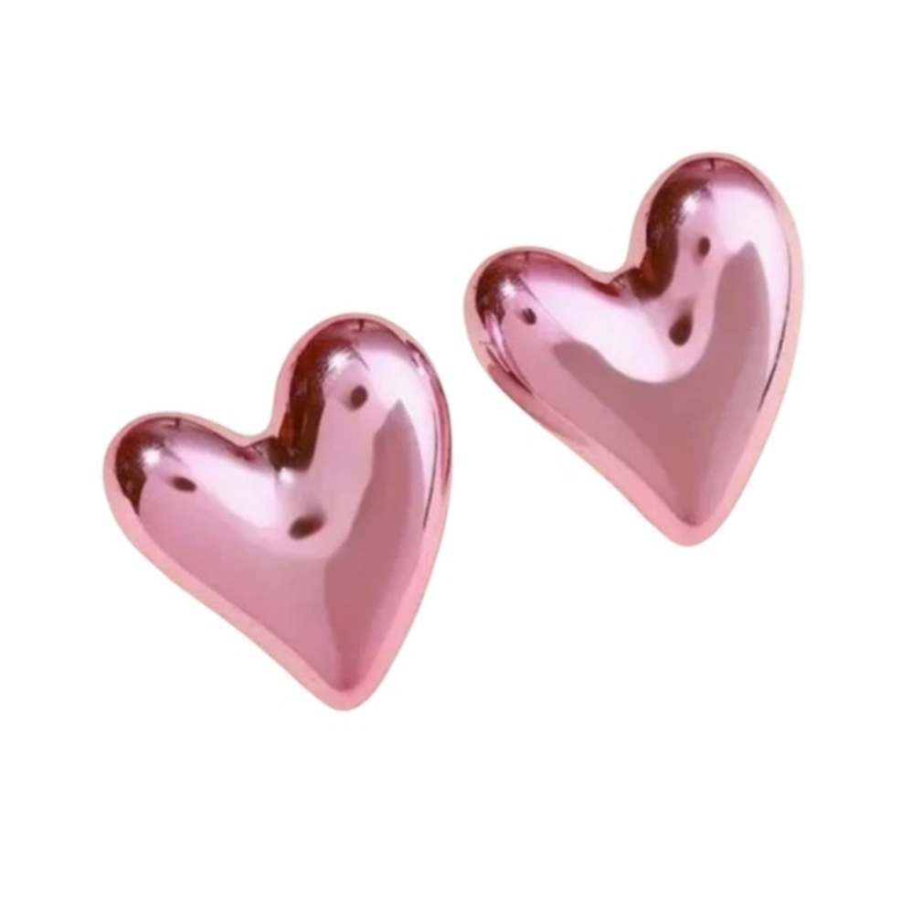 Womens Puffy Metallic Shiny Heart-Shaped Pink Stud Earrings Valentine's Gift